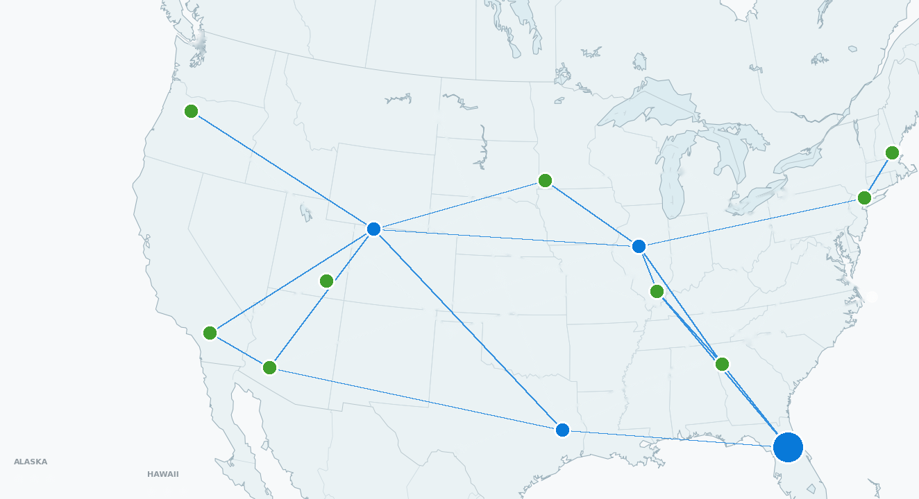 Stylized map of the United States showing a distributed network of environmental work locations and connections.
